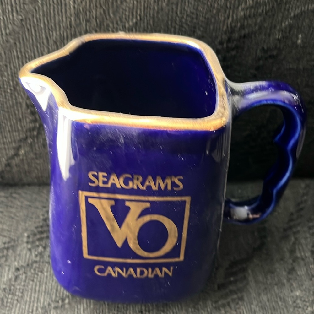 Seagram’s VO Canadian Whisky Small Cobalt Blue Pitcher w/ Gold Trim